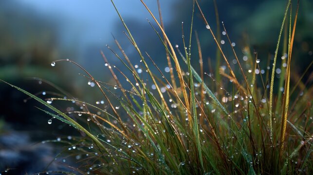 Dew-Drops on Grasses at Dawn Capturing Nature&rsquo;s Serenity with Soft Morning Light and Vibrant Greenery Within a Misty Natural Landscape