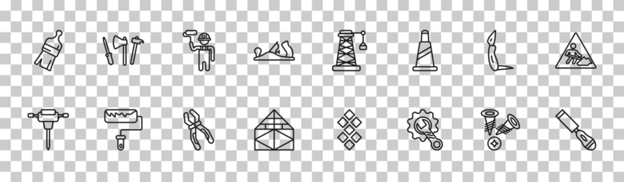 outline construction icons set - brush, tools, jackknife, chisel. editable vector for web and mobile ui