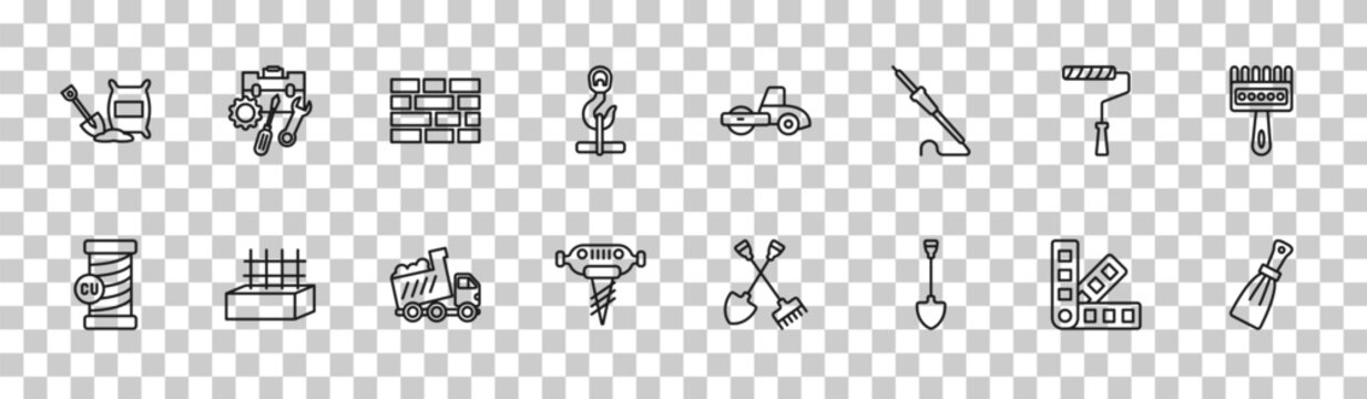 outline construction tools icons set - cement, tool bag, painter roller, scratcher tool. editable vector for web and mobile ui
