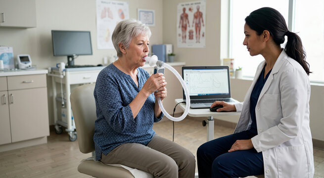 Senior woman undergoing spirometry test in clinic. Pulmonologist checking lung capacity