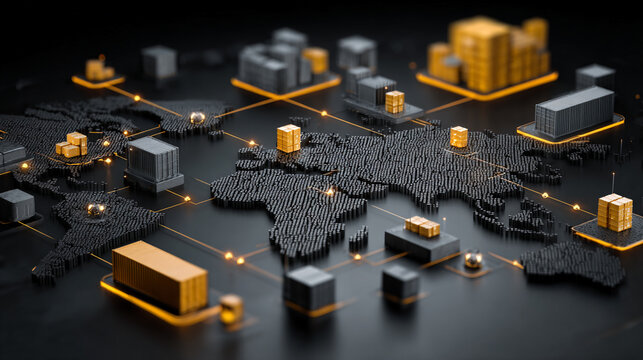 Digital business network connections with glowing nodes and data flow on dark futuristic background