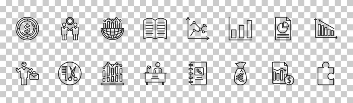 outline business icons set - one dollar coins, partners in business, pie chart file, puzzle game piece. editable vector for web and mobile ui