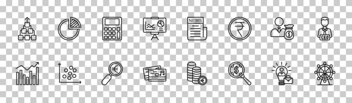 outline business icons set - item connections, quarter pie chart, man carrying money, big wheel. editable vector for web and mobile ui