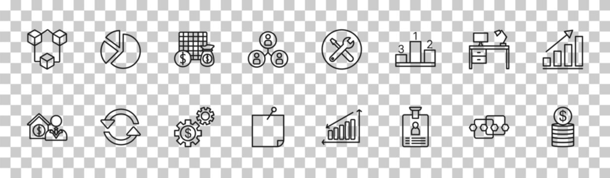 outline business icons set - connection box chart, circular pie chart, work table, dollar coins stack. editable vector for web and mobile ui