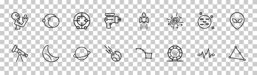 outline astronomy icons set - extraterrestrial, eccentricity, neptune with satellite, triangulam australe. editable vector for web and mobile ui © IconArt