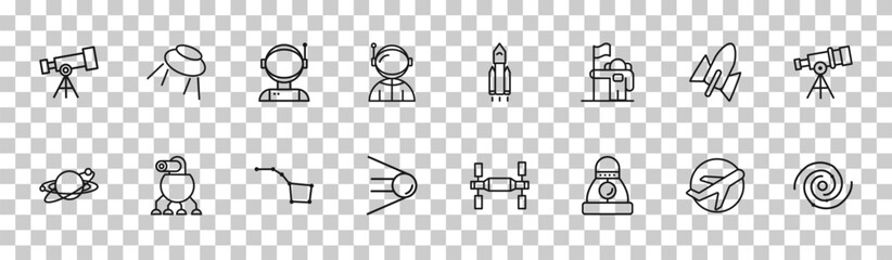 outline astronomy icons set - telescope pointing up, big ufo, rocket start, black hole. editable vector for web and mobile ui © IconArt