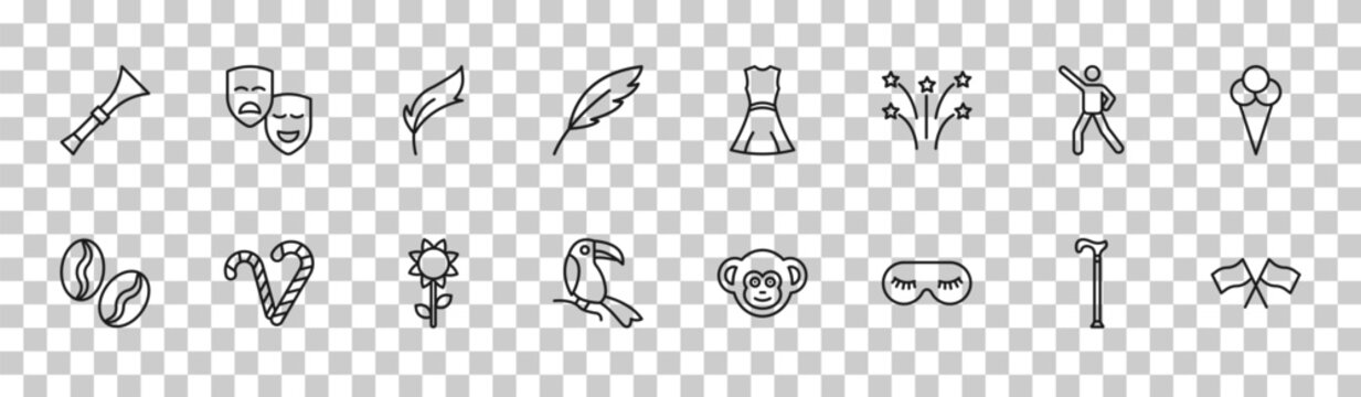 outline brazilia icons set - vuvuzela, theater masks, dancer, flags. editable vector for web and mobile ui