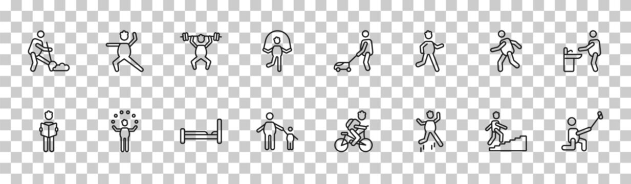 outline behavior icons set - man digging, man warming up, man running, selfie. editable vector for web and mobile ui