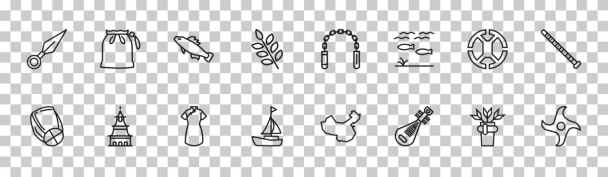 outline asian icons set - kunai, pouch, mizu gumo, shuriken. editable vector for web and mobile ui
