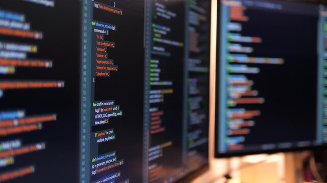 Close up computer monitors displaying fictional programming code and software development interface, technology workspace concept