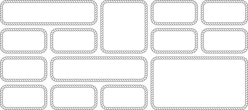 Set of rope frames, nautical border collection, decorative rectangular frames made of twisted rope, vintage marine style design elements isolated on white background