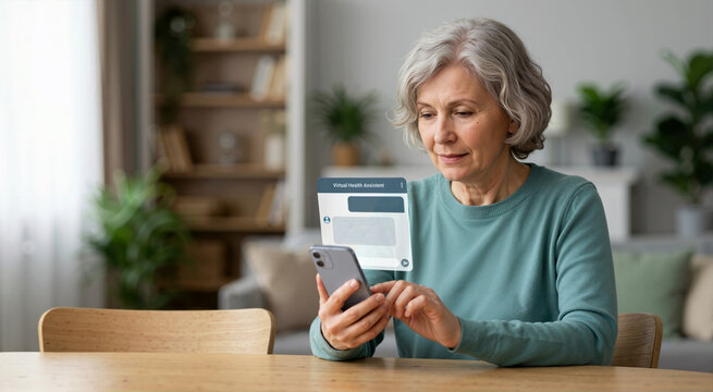 Senior woman communicating with a virtual health assistant on a smartphone. Digital healthcare chatbot for medical queries and online support. Elderly person using telehealth technology