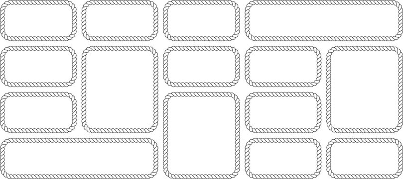 Set of rope frames, rectangular nautical borders with twisted cord texture isolated on white background