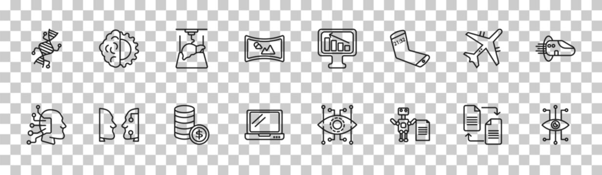 outline artificial intellegence icons set - genetic modification, deformity, aeroplane, bionic eye. editable vector for web and mobile ui