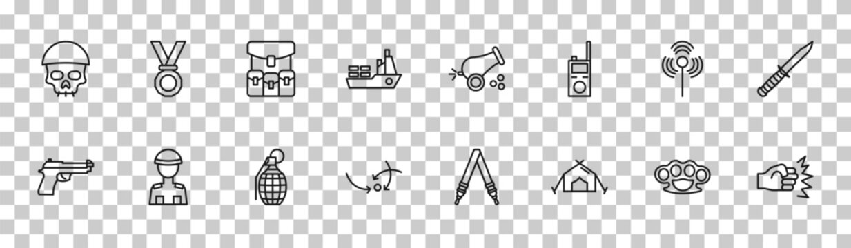 outline army and war icons set - skull army, medal, antenna, assault. editable vector for web and mobile ui