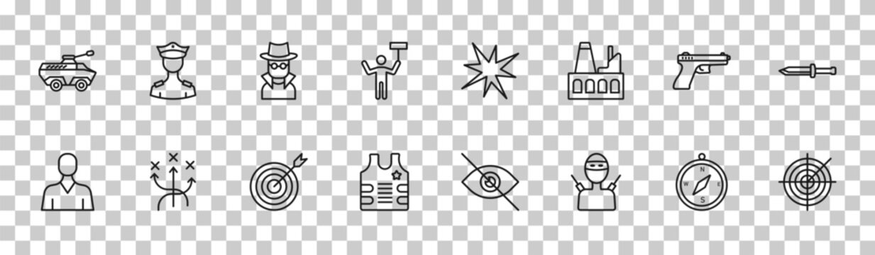outline army and war icons set - amphibian, officer, , militar radar. editable vector for web and mobile ui