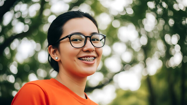 Young Woman with Braces and Glasses Smiling Outdoors.