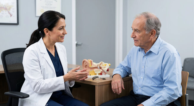 Senior patient discussing cochlear implant options with ENT specialist. Elderly man in medical consultation for deafness treatment. Hearing loss and auditory health concept