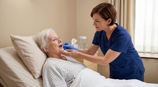 Nurse administering sublingual medication to elderly patient in hospital bed. Palliative care for symptom control and comfort