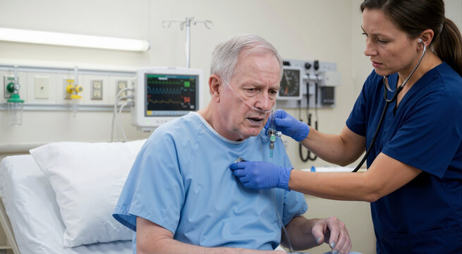 Senior man with cyanosis and breathing difficulty in hospital. Nurse examining elderly patient with stethoscope for pulmonary care. COPD emergency and lung disease concept