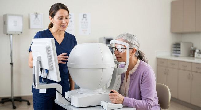 Elderly woman taking visual field test in ophthalmology clinic. Glaucoma diagnosis