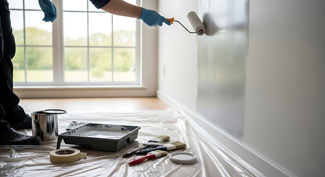 Close up of a painter using a roller to apply white paint to a wall in a bright room with painting supplies on a plastic sheet on the floor nearby