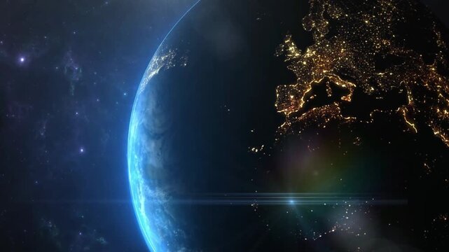 Cinematic Space Video Footage Showing Planet Earth at Night with Glowing City Lights Across Europe, Vivid Blue Atmospheric Edge, and Dramatic Lens Flare Against a Deep Cosmos Background with Subtle St