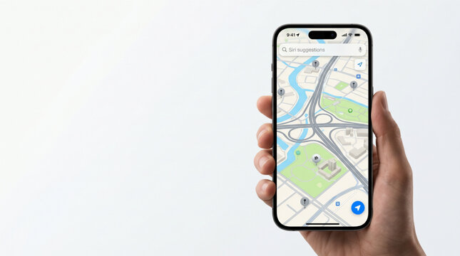 Hand holding a smartphone iPhone 15 Pro with navigation GPS map app on the screen showing city street route and location pins. Professional mockup template isolated on white background. Technology.