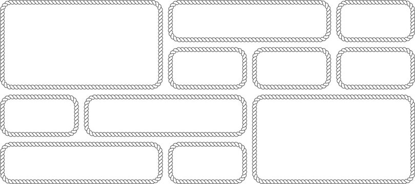 Set of rope frames, rectangular borders with nautical rope texture isolated on white background