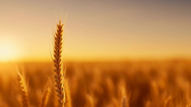 Single wheat stalk glowing in golden field at sunset