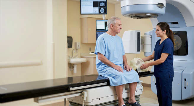 Senior male patient preparing for precision radiation therapy. Medical professional holding immobilization mask in oncology department. Linear accelerator equipment for cancer treatment