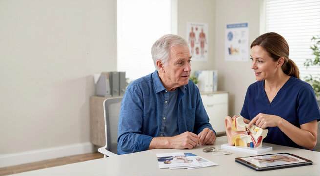 Senior man receiving cochlear implant consultation from specialist. Healthcare professional explaining ear anatomy with model. Hearing restoration and auditory technology treatment