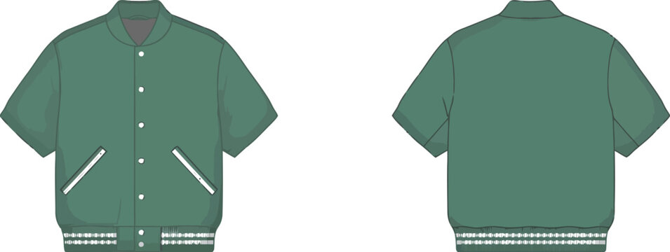 Front and back view of a green short-sleeved bomber jacket with white buttons and striped ribbed cuffs, isolated on a white background layout