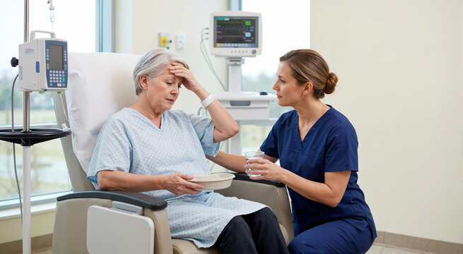 Senior woman experiencing nausea side effects in oncology clinic. Nurse providing supportive care and water to elderly patient. Cancer treatment and symptom management concept