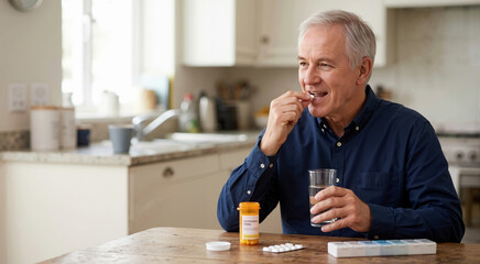 Fototapeta na wymiar Senior male taking oral medication for type 2 diabetes. Elderly man with pill and glass of water in kitchen. Daily healthcare routine and medication management