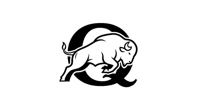 Black and white buffalo logo with letter Q design.