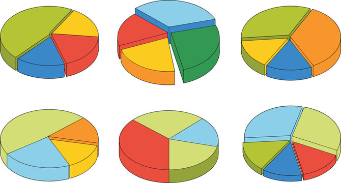 Colorful pie charts vector collection, business analytics infographic elements isolated on white background for presentation design