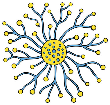 Abstract blue and yellow floral design resembling a neuron or biological structure