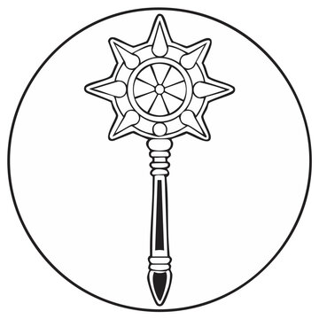 Ancient Ceremonial Scepter with Buddhist Wheel of Dharma Symbol in a Circle Line Art