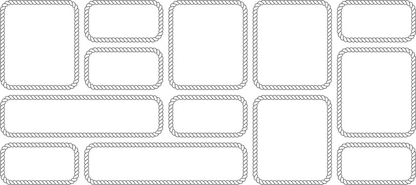 Set of various rectangular rope frames, nautical style borders, collection of vector frames isolated on white background