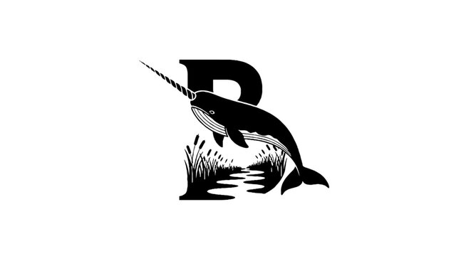 Black and white narwhal and letter B logo design.