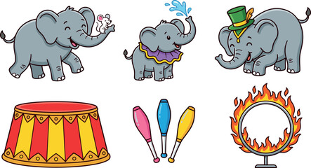 Cute Circus Elephant Icon Set with Performing Animals Stage Juggling Pins and Ring of Fire for Carnival Entertainment and Kids Vector Designs © EdGe Creative