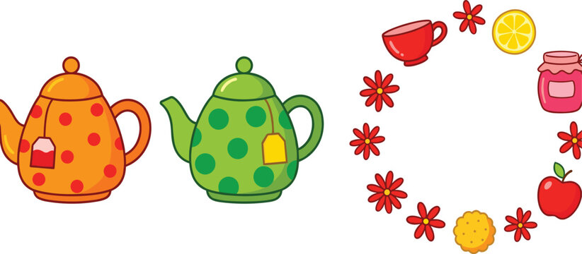 Cute tea time vector illustration collection featuring polka dot teapots red teacup floral wreath border jam jar biscuit cookie lemon slice and apple fruit.