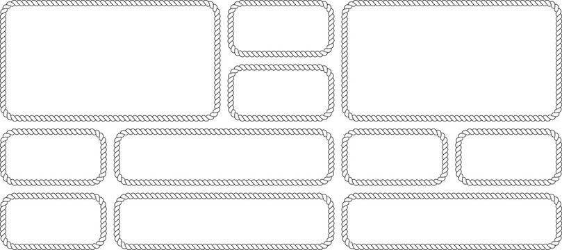 Set of rope frames, nautical style rectangular borders, collection of decorative frames made of twisted rope, vector illustration isolated on white background