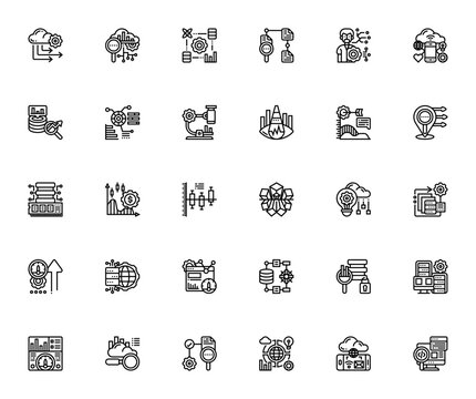 Data Analytics icon set. Minimalist icons pack. Includes symbols for data science, AI, big data, cloud computing, dashboard, analytics, deep learning, IoT & more. Editable vector stroke.