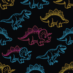 Colorful Neon Dinosaur Outlines Seamless Pattern on Black Background © Heroesgod