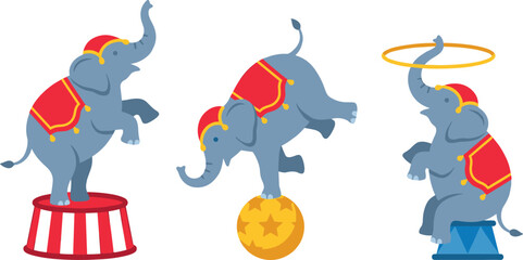 Circus Elephant Performer Vector Character Set Balancing on Ball Standing on Stage and Spinning Hula Hoop for Carnival Entertainment and Festival Graphic Designs © EdGe Creative