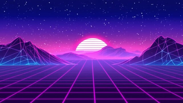 Retro 80s synthwave background with a glowing striped neon sun setting over a perspective wireframe grid floor and low poly mountains under a starry sky