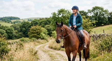 Senior woman horseback riding in the countryside. Elderly woman wearing a helmet on a horse