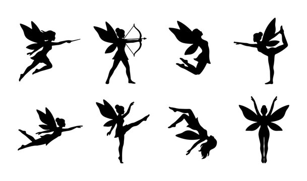Fairy Silhouettes Collection, Magical Winged Beings in Dynamic Poses, Enchanted Fantasy Characters Vector Set, Elegant Dancing Sprites Graphics
